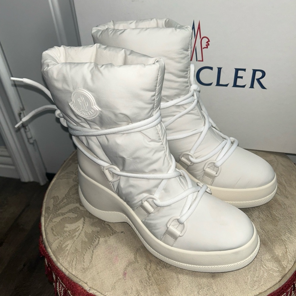 new Moncler Women's Resile Apres Ankle Tie light beige Boots Sz 38.5 - Picture 5 of 16